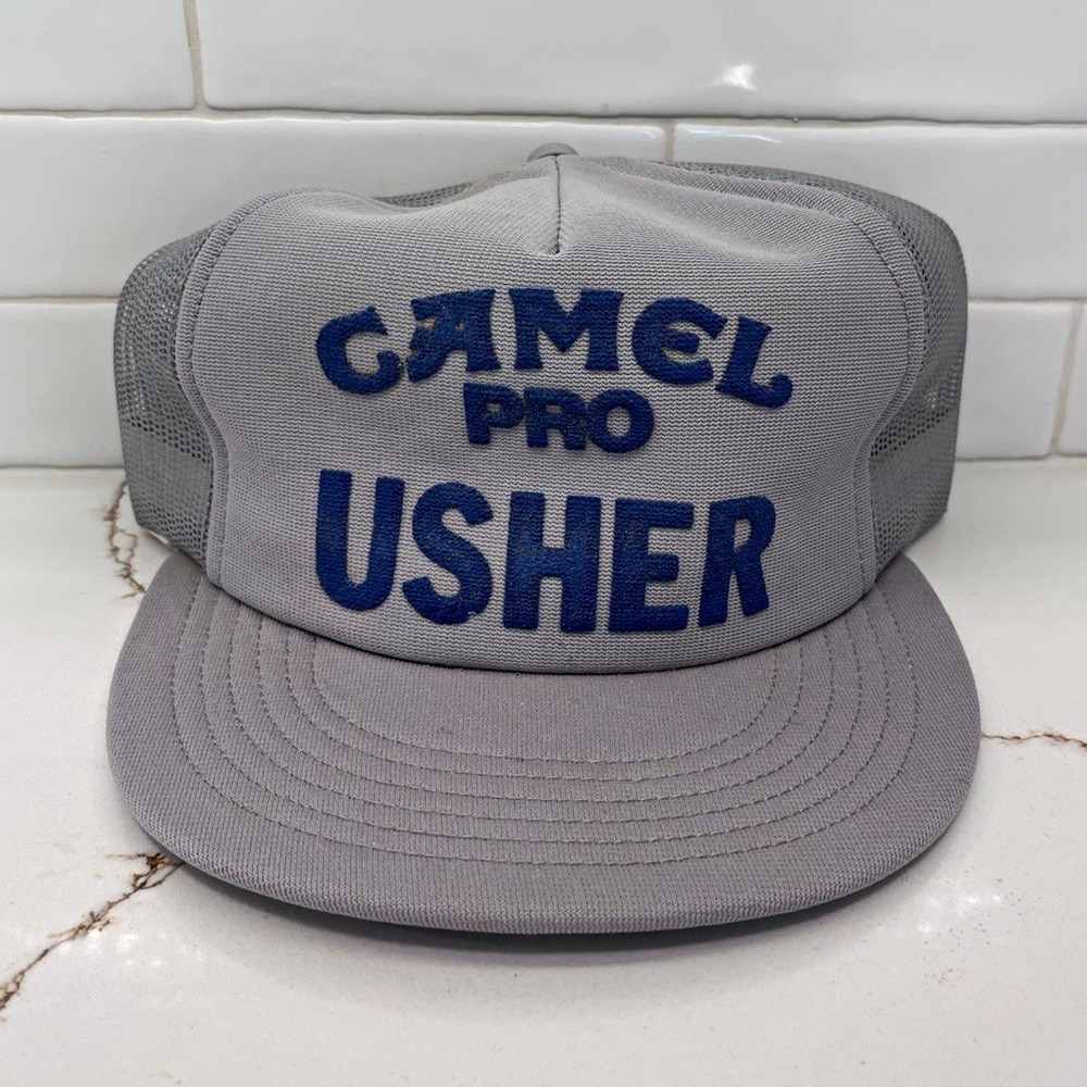 Camel Pro USHER Gray Mesh Trucker Snapback Hat Cap 1989s Vintage